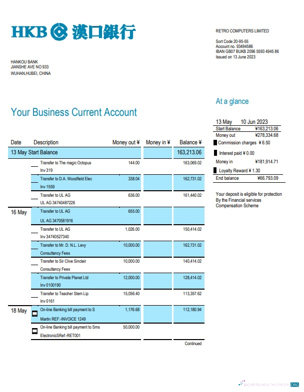 Download Hankou Bank organization account statement Word and PDF template Photoshop template